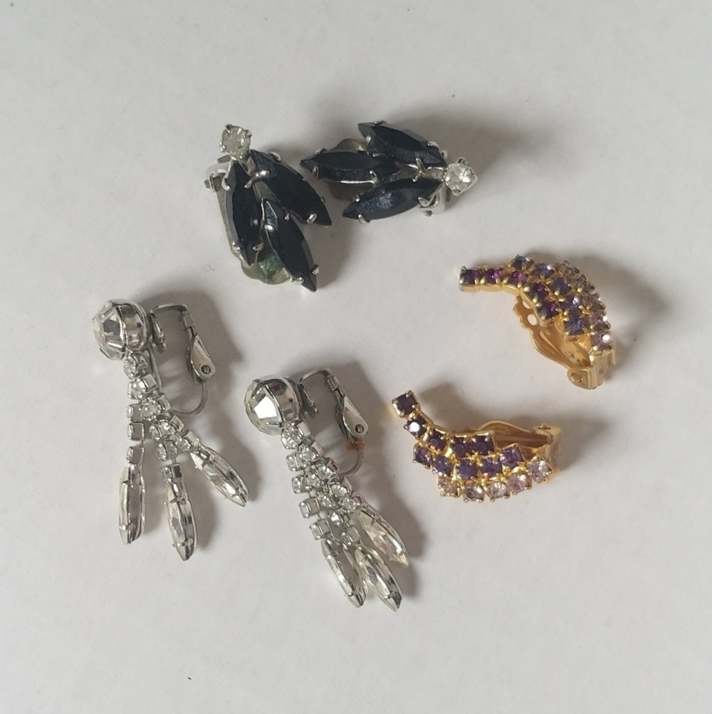 3 Vintage Crystal Rhinestone Clip On Earrings